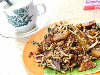 High angle view of food in plate on table