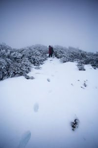 Person on snow covered mountain against sky