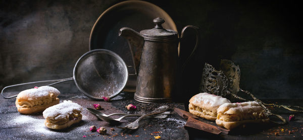 Panoramic shot of snacks and kettle