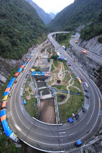 High angle view of traffic on road in city