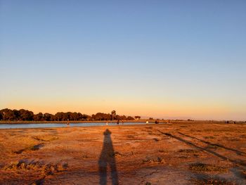 Scenic view of beach against clear sky during sunset