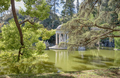 Gazebo in lake against trees and building