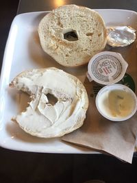 High angle view of breakfast served on table