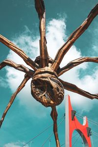 Low angle view of ropes on pole against sky