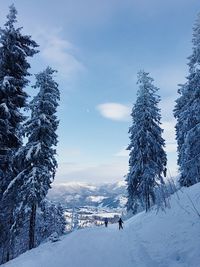 People skiing on snow covered mountain against sky