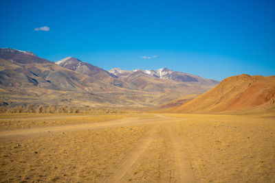 Scenic view of desert against clear blue sky