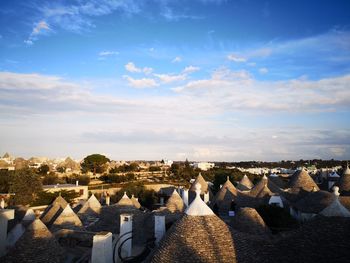 High angle view of buildings against sky