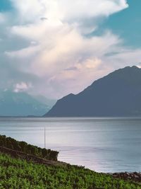 Scenic view of sea and mountains against sky