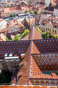 High angle view of buildings in city
