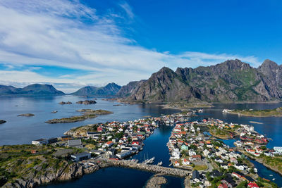 Aerial view of a city on islands in lofoten norway