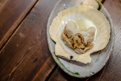 High angle view of bread in bowl on table