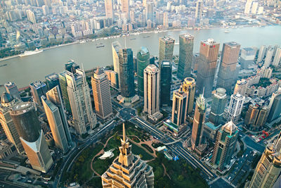 High angle view of modern buildings in city