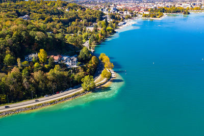 Aerial view of town by sea