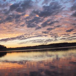 Scenic view of lake against cloudy sky at sunset