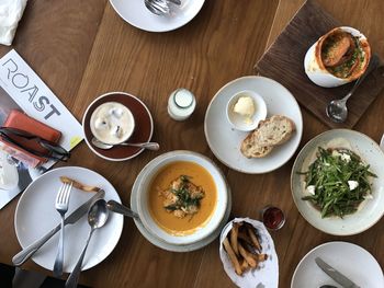 High angle view of food served on table