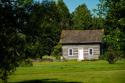 House amidst trees and plants against sky