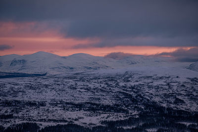 Scenic view of snowcapped mountains against sky during sunset