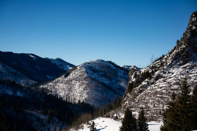 Scenic view of snowcapped mountains against clear blue sky
