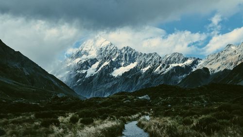 Scenic view of snowcapped mountains against sky