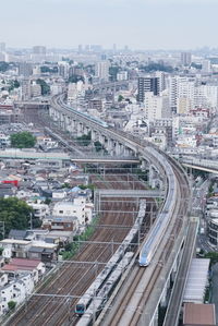 High angle view of elevated trains in train tracks amidst buildings in tokyo, japan