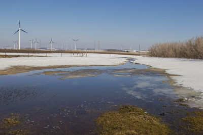 Scenic view of shore against sky during winter