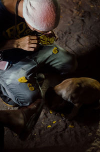 High angle view of dog relaxing on hand