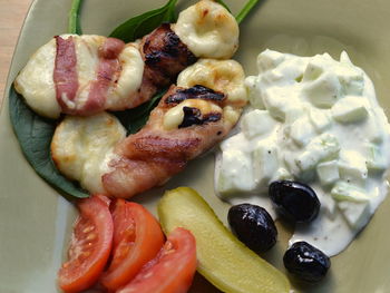 High angle view of breakfast served in plate