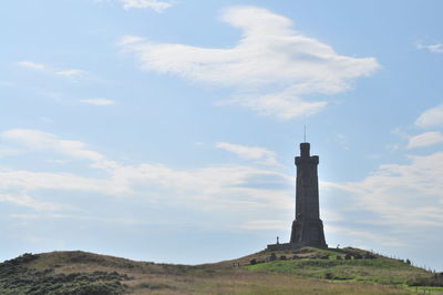 Low angle view of lighthouse on building against sky