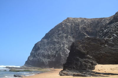 Rock formations by sea against clear blue sky