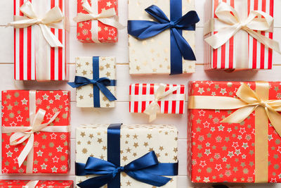 High angle view of christmas presents on table