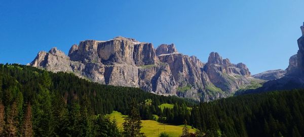 Panoramic view of trees and mountains against clear blue sky