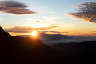 Scenic view of silhouette mountains against sky during sunset