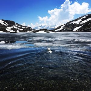 Scenic view of lake and snowcapped mountains against sky