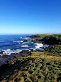 Scenic view of sea against clear blue sky