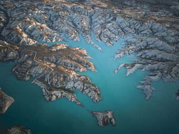 High angle view of extreme terrain in lake