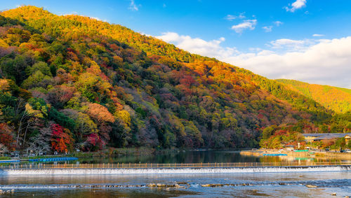 Scenic view of lake by trees against sky during autumn