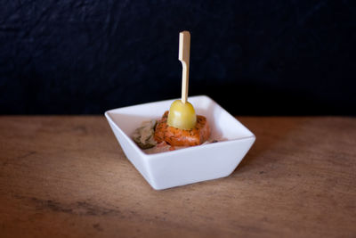 Close-up of dessert served on table