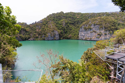 Scenic view of lake by trees against sky