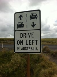 Close-up of road sign on field against sky