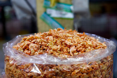 Dried shrimp in plastic bag on sale at market