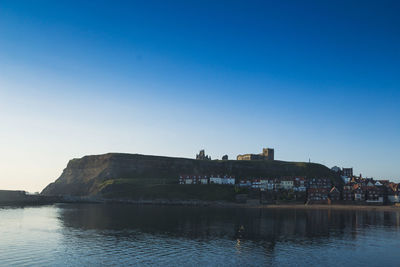 Scenic view of river by buildings against clear blue sky