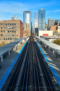 High angle view of railroad tracks amidst buildings in city