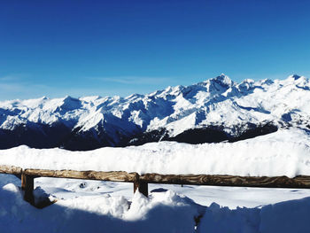 Scenic view of snowcapped mountains against clear blue sky