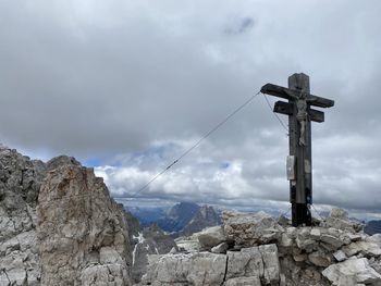 Cross on rock against sky