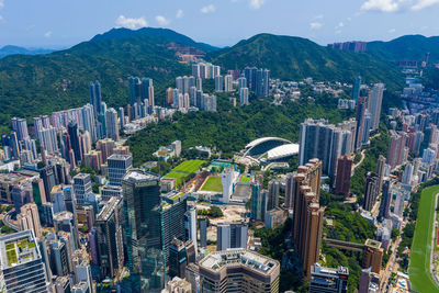 High angle view of buildings in city