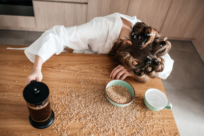 High angle view of woman at home