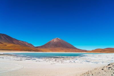 Scenic view of desert against clear blue sky