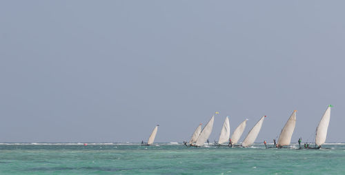 Sailboat sailing in sea against clear sky