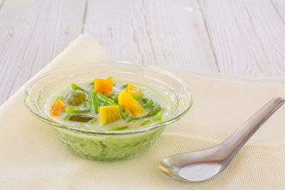 High angle view of salad in bowl on table