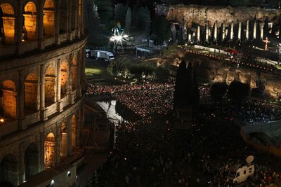 High angle view of illuminated buildings at night